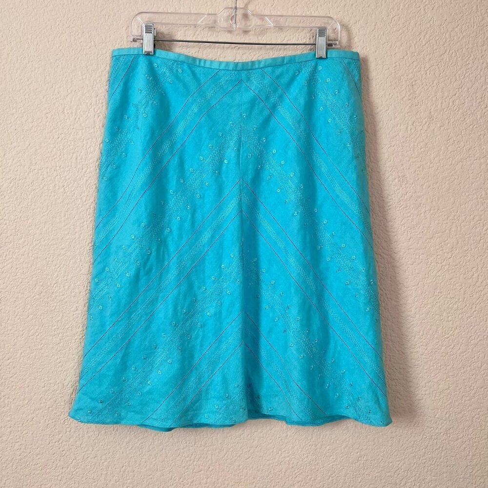 Ann Taylor Size 14 Teal Linen Blend Floral Embroidered Lined Knee Length Skirt